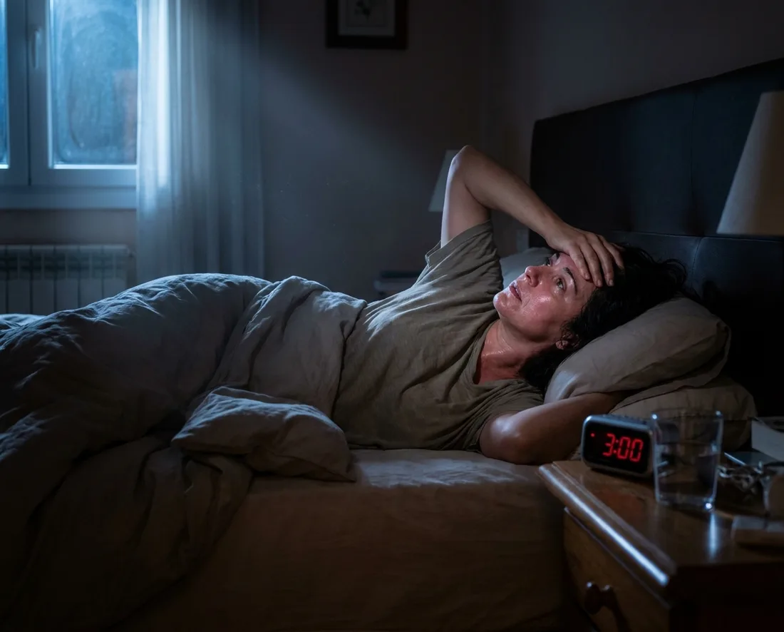 Mujer despierta en la cama a las 3 de la madrugada, acalorada